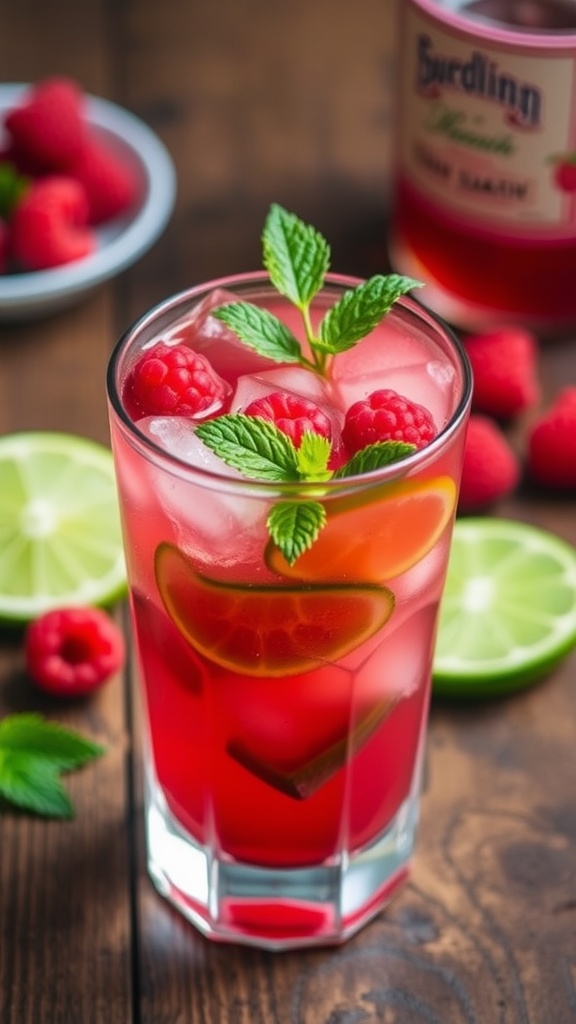 A refreshing Raspberry Rum Smash cocktail in a clear glass with ice, garnished with mint and raspberries.